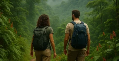 Pareja caminando por senderos naturales rodeados de montañas en Boquete, Chiriquí.