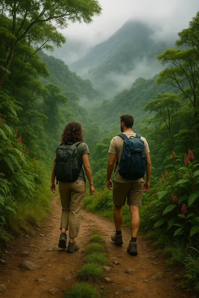 Pareja caminando por senderos naturales rodeados de montañas en Boquete, Chiriquí.