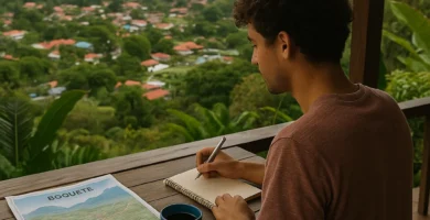 Joven escribiendo en un blog de viajes mientras disfruta de una vista montañosa en Boquete, Panamá.