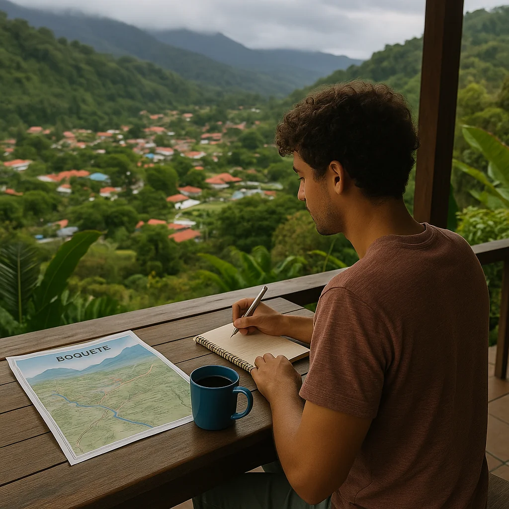 Joven escribiendo en un blog de viajes mientras disfruta de una vista montañosa en Boquete, Panamá.