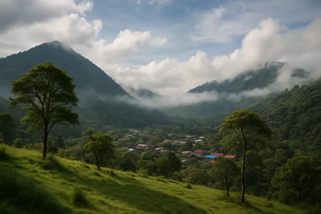 Valle de Boquete con cielo parcialmente nublado y vegetación verde, representando su clima templado y paisajes naturales.