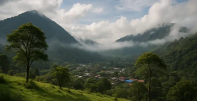 Valle de Boquete con cielo parcialmente nublado y vegetación verde, representando su clima templado y paisajes naturales.