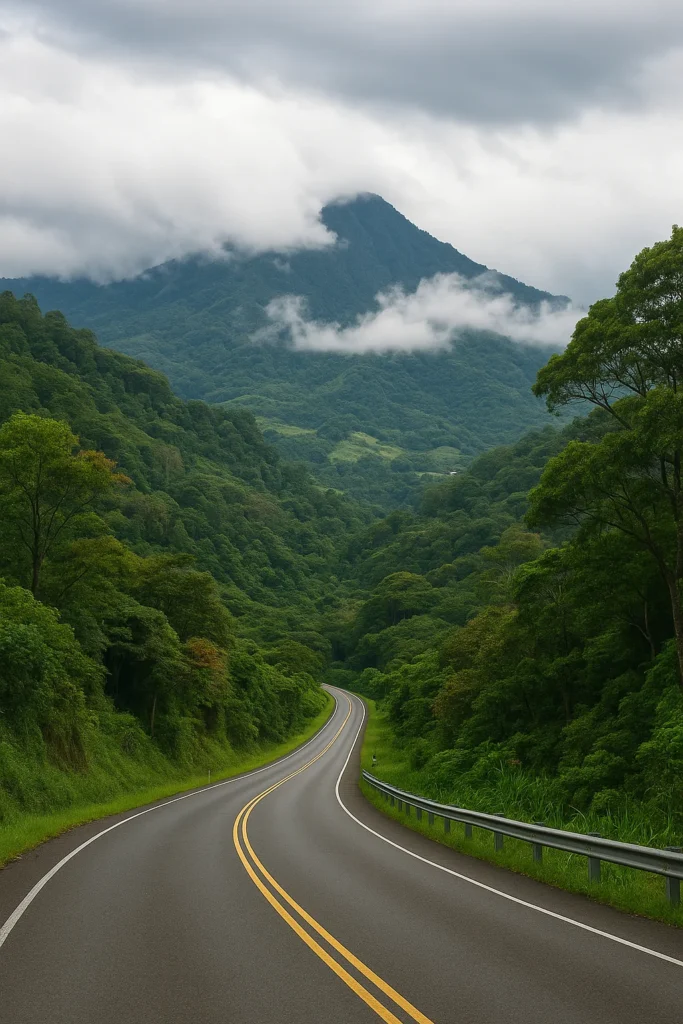 Carretera asfaltada entre montañas verdes en dirección a Boquete, ideal para representar rutas de acceso en Chiriquí.
