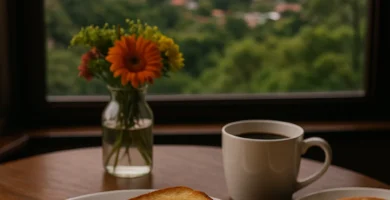 Desayuno típico servido en una terraza con vista natural, representando la gastronomía en Boquete, Chiriquí.