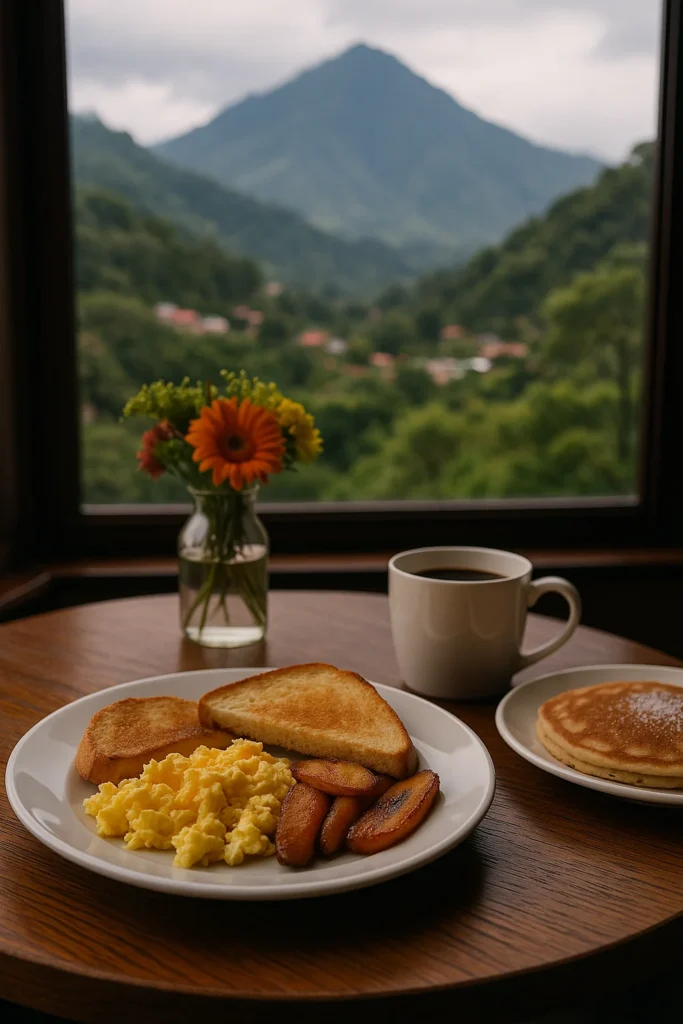 Desayuno típico servido en una terraza con vista natural, representando la gastronomía en Boquete, Chiriquí.
