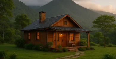 Cabaña de madera acogedora entre árboles y montañas en Boquete, ideal para hospedaje turístico en Chiriquí, Panamá.