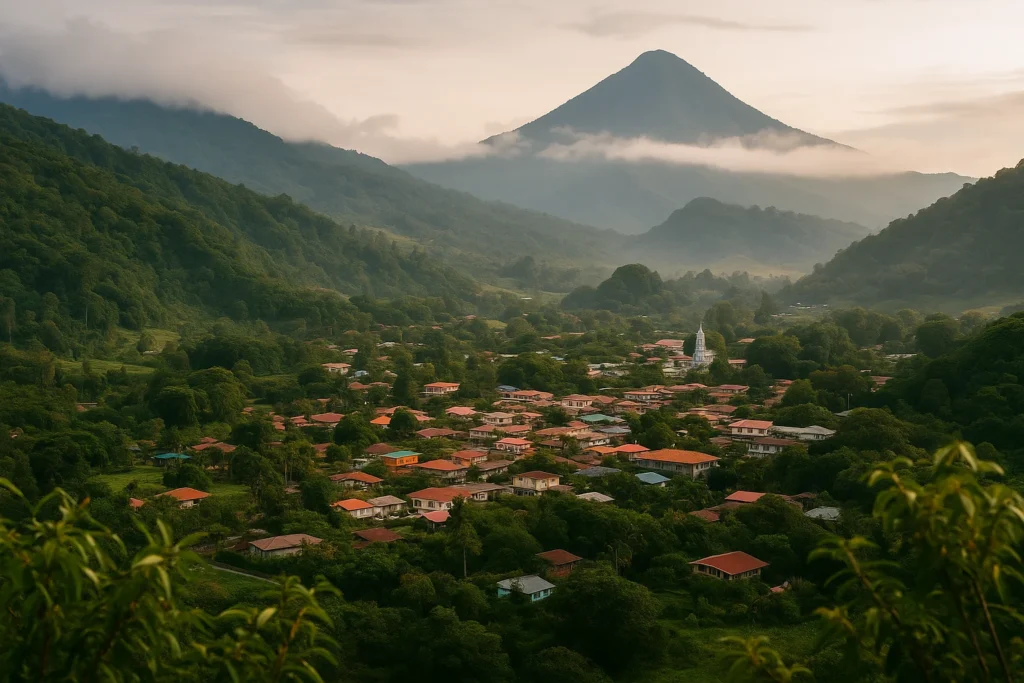 Vista panorámica del pueblo de Boquete rodeado de montañas verdes y neblina, representando sus lugares turísticos naturales.