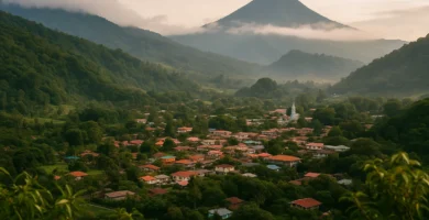 Vista panorámica del pueblo de Boquete rodeado de montañas verdes y neblina, representando sus lugares turísticos naturales.