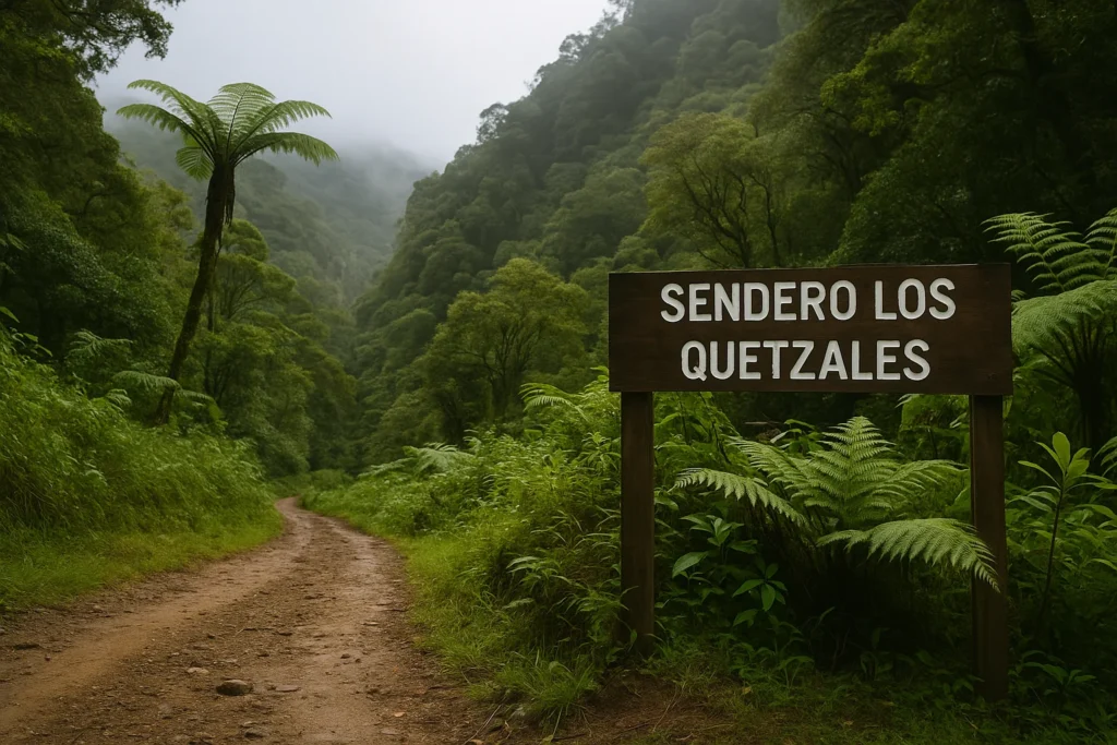 Sendero Los Quetzales en Boquete, rodeado de bosque nuboso y montañas verdes, ideal para senderismo en el Parque Nacional Volcán Barú.